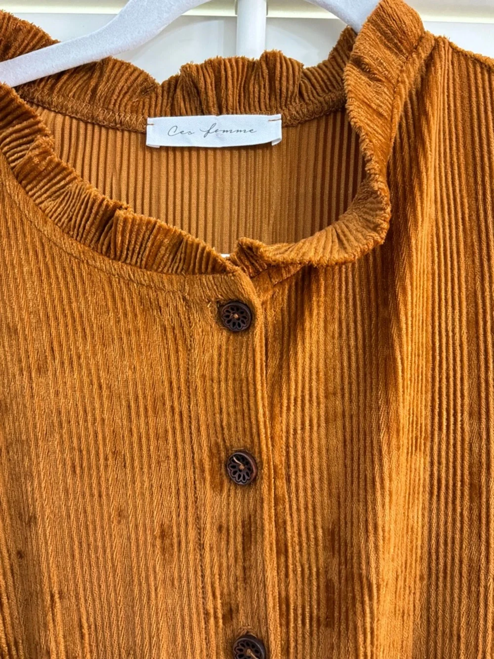 Ces Femme Rust Corduroy Midi Dress Ruffle Boho Prairie Kentucky Derby Style - Picture 4 of 5